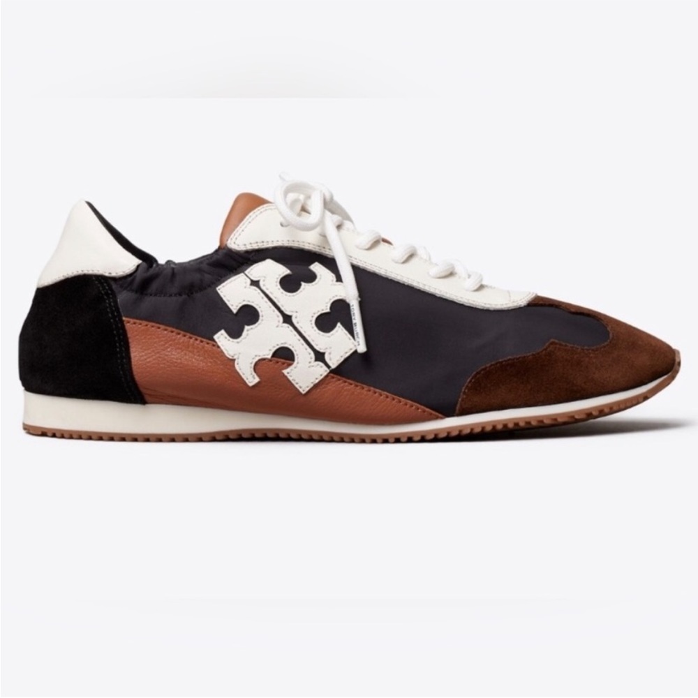 Tory Burch Destiny Trainer Nylon Leather Brown Black & White Sneaker, New - Picture 4 of 5